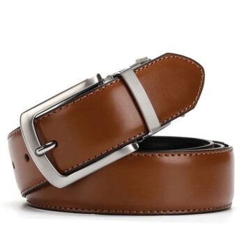 Mens Reversible Genuine Leather Belt with Rotated-Buckle